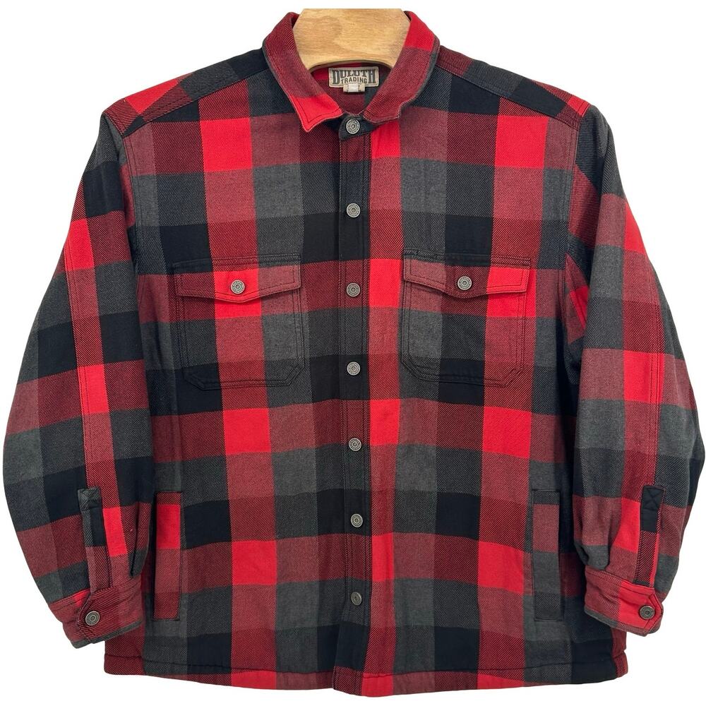 Men's Red Grey Plaid Flannel Duluth Trading Co. Fleece Lined Shacket Jacket XL